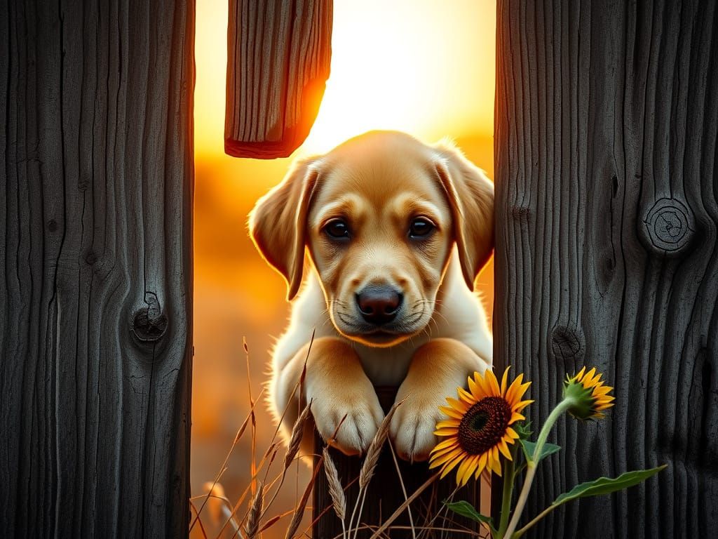 Golden Labrador Puppy Peeking Over Rustic Fence