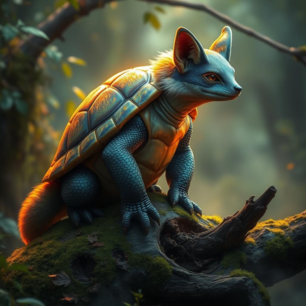 Iridescent Turtle-Fox Hybrid in Misty Forest