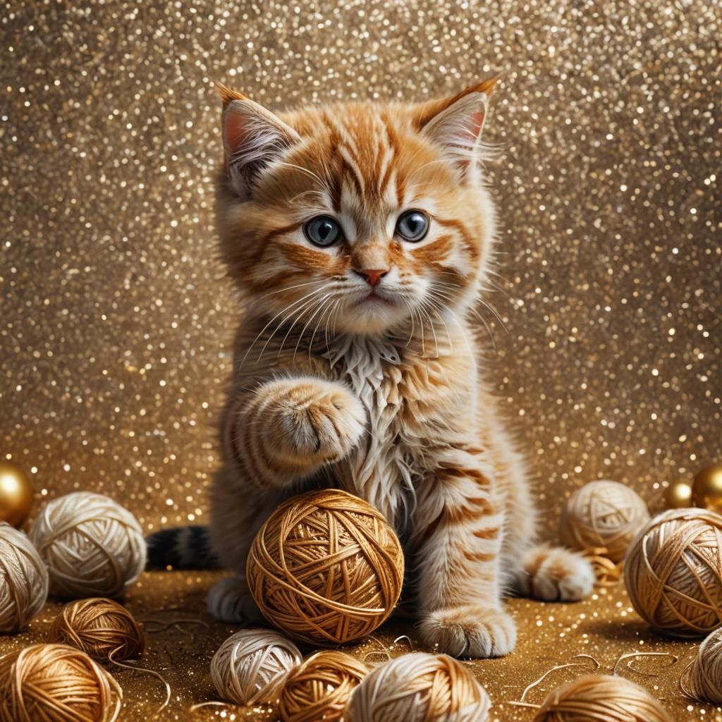 Ginger Cat Playing with Yarn in Glitter Background