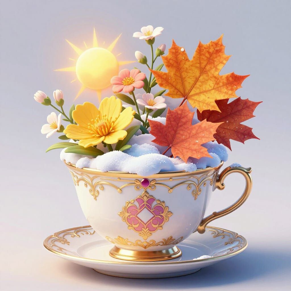 Four Seasons Teacup Art: Surreal Symbolic Food