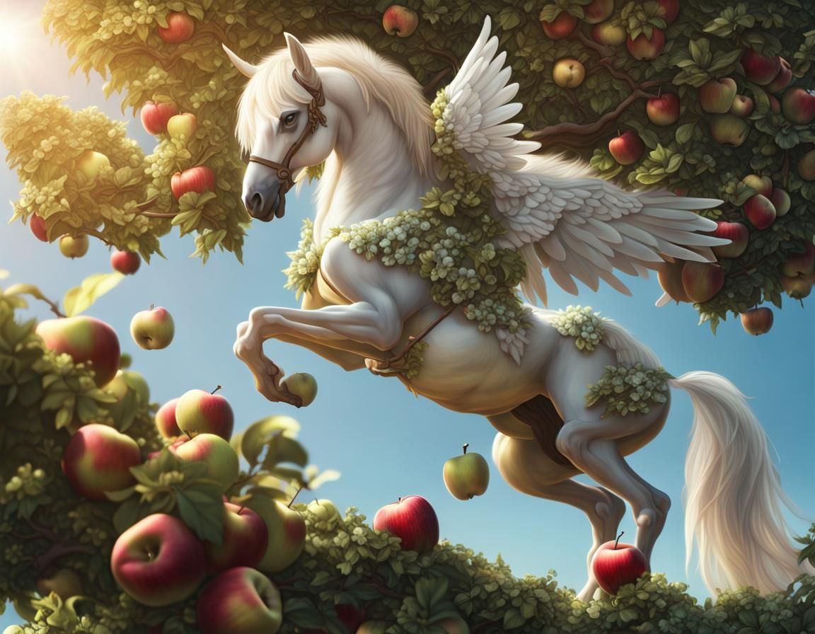 A pegasus eating apples