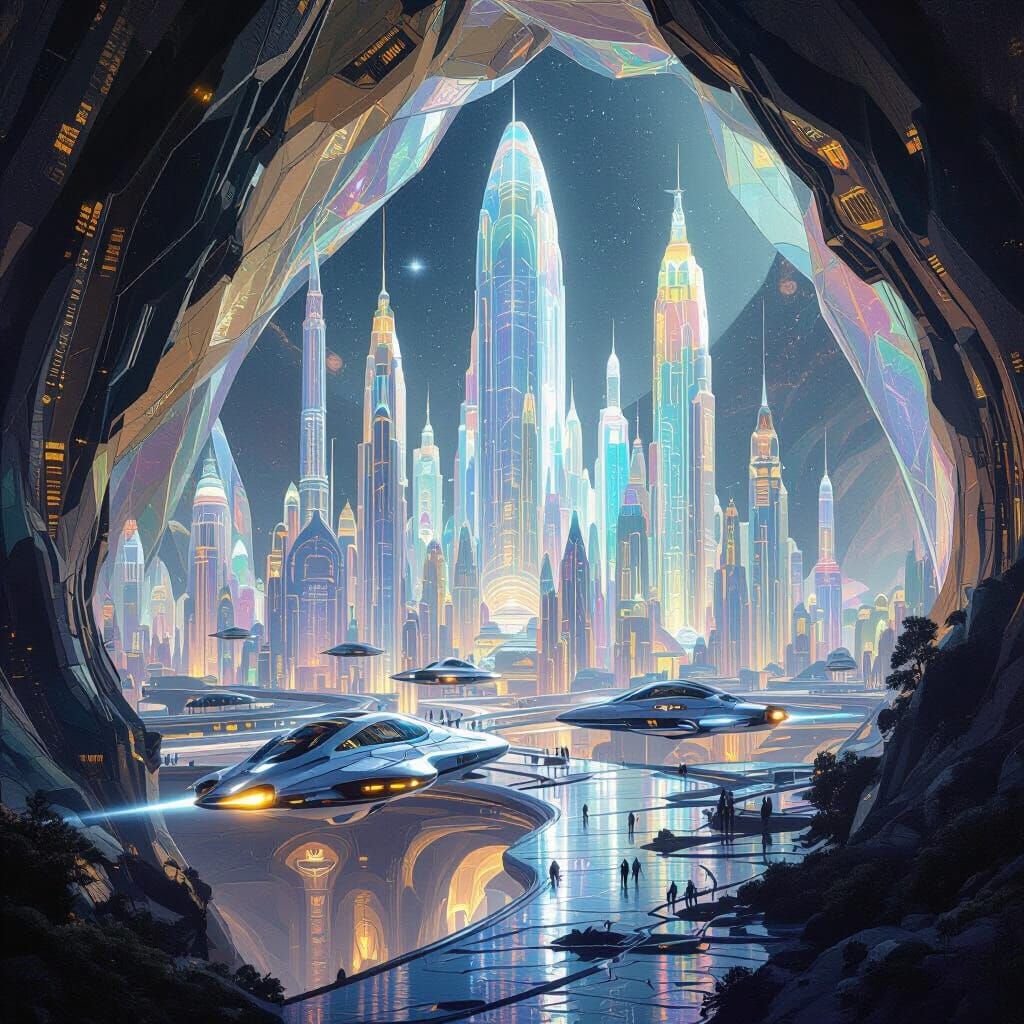 Crystalline City in Geode with Sleek Spacecraft