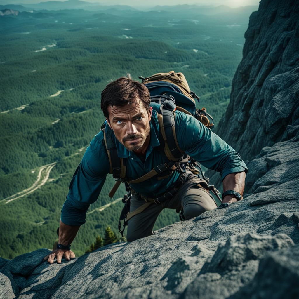 Determined Fantasy Adventurer Climbs Rocky Cliff