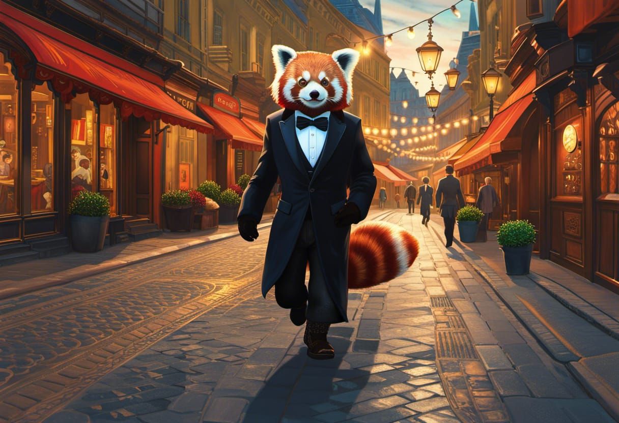 Red Panda in Steampunk Vienna at Night