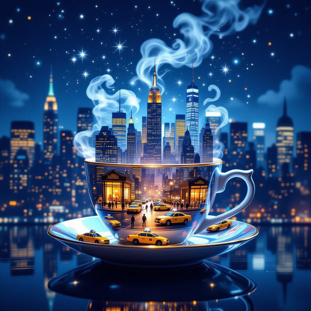 Magical Teacup Cityscape Above New York at Night