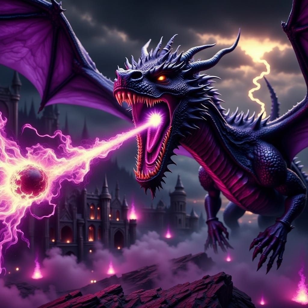 Violet Dragon Unleashes Purple Firestorm on Castle