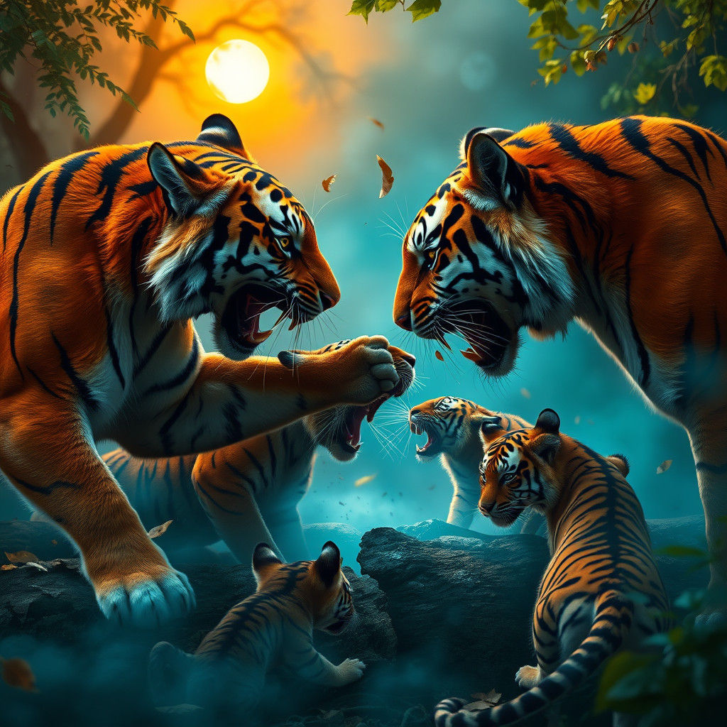 Bengal Tigers Clash in Mystical Forest