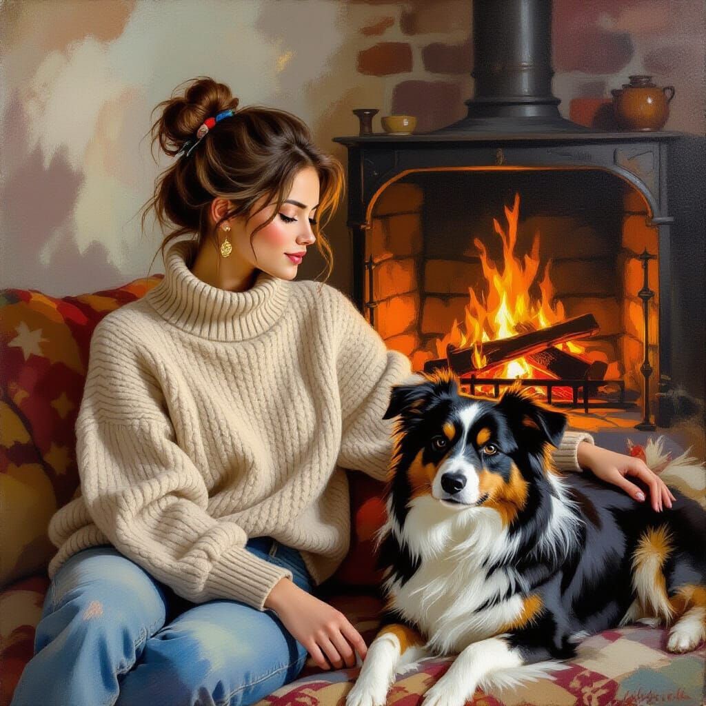 Cozy Autumn Evening With Woman, Dog, and Fireplace