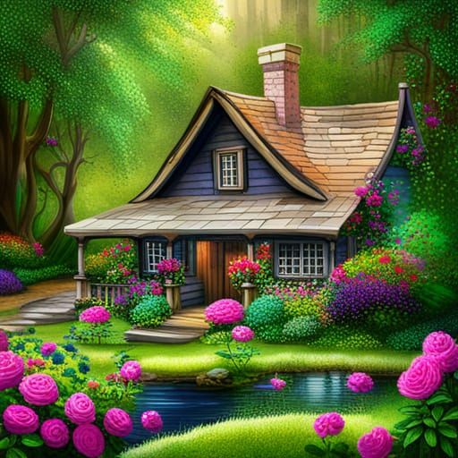 Secluded Rose-Covered Cabin in Ethereal Landscape