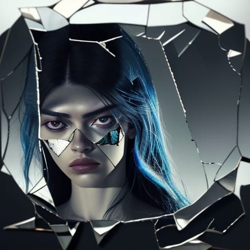 Girl Gazing into Broken Mirror in Surreal Style