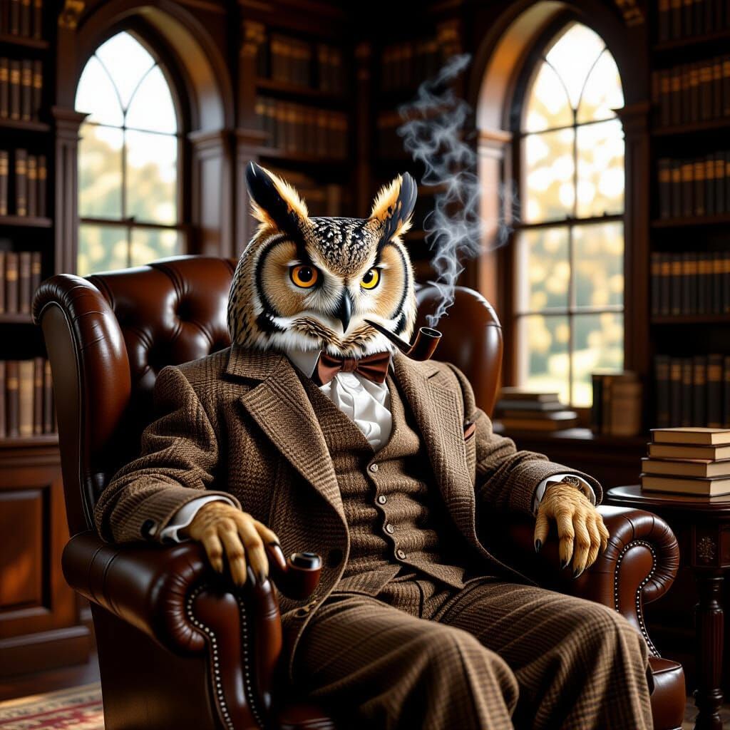 Wise Old Owl in Library, Hyperrealistic Rembrandt Style