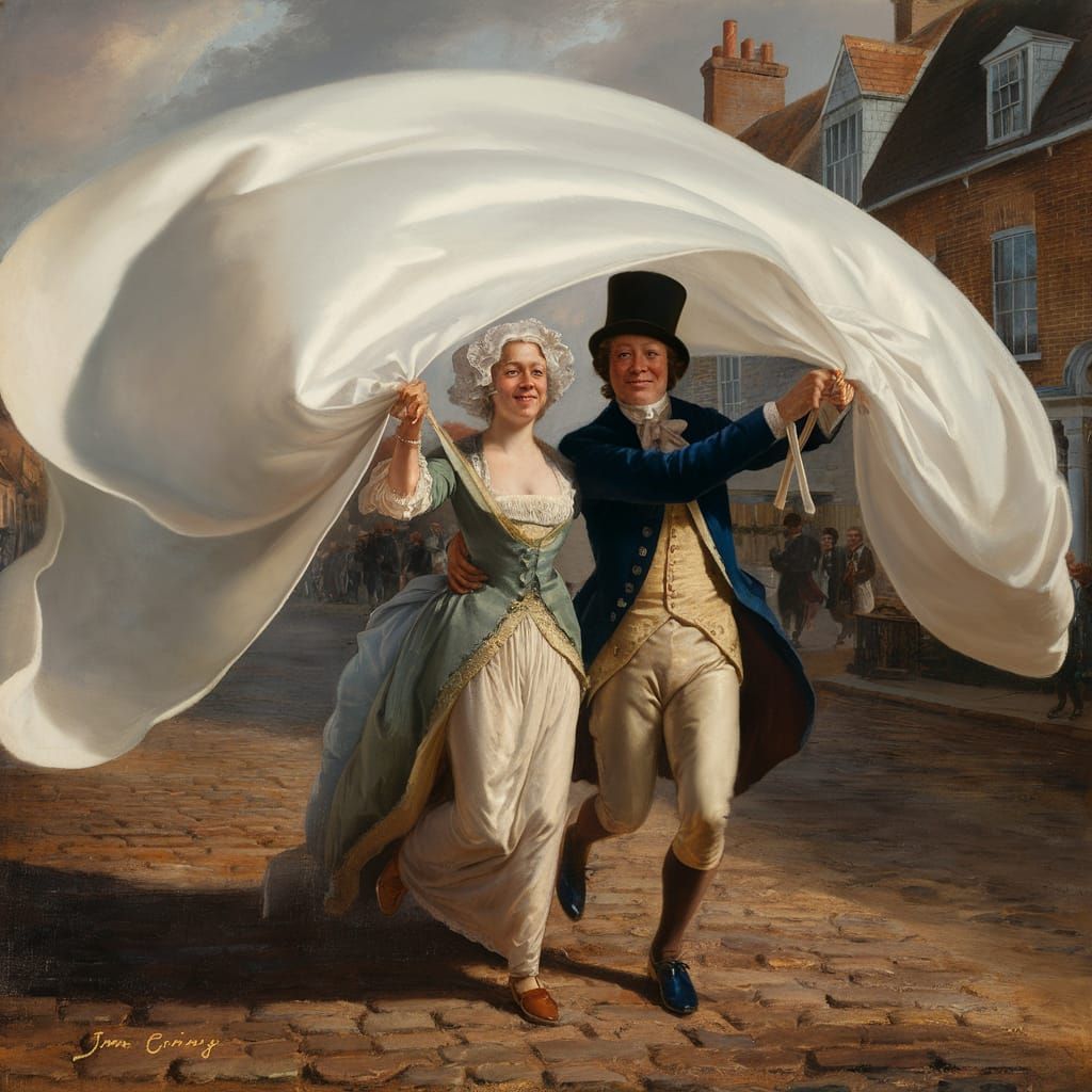 English Couple Holding Banner in Oil Painting Style