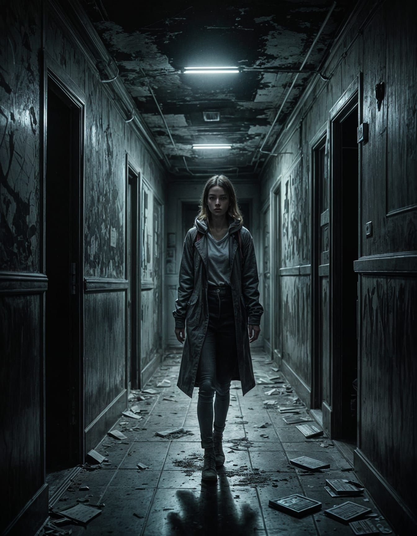 Lady Walks in Upside Down Fluorescent Corridor