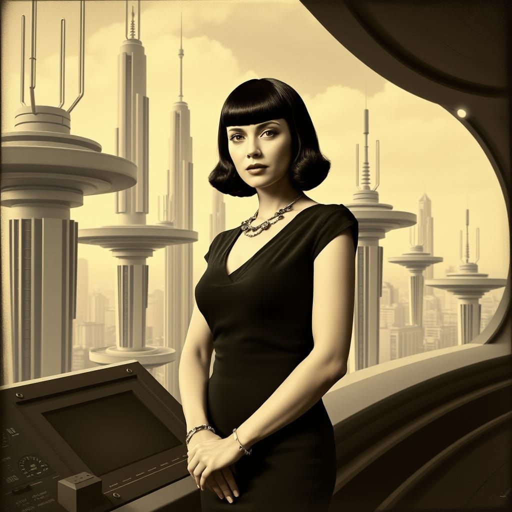 Stern Woman in Vintage Dress at Futuristic Control Panel