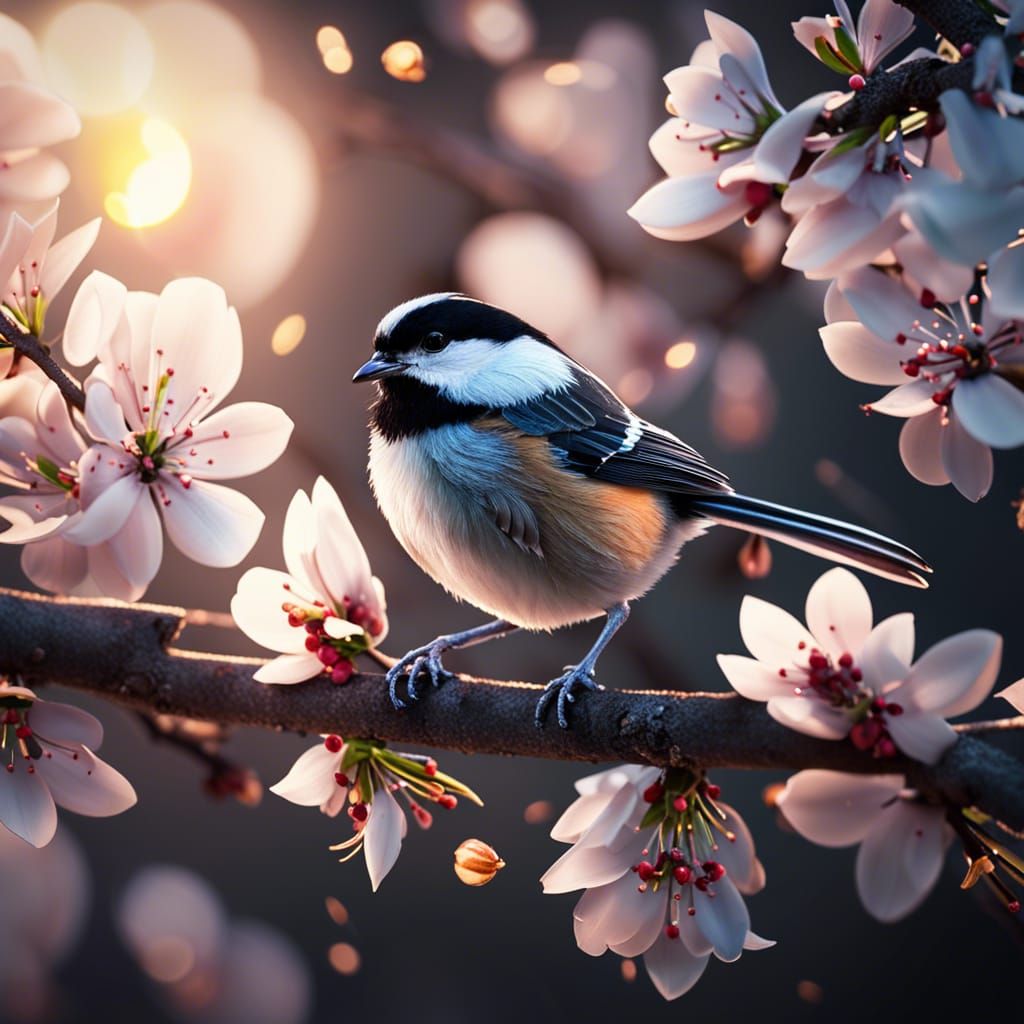 Chickadee in Bloom by Candlelight: Hyper-Detailed 16k