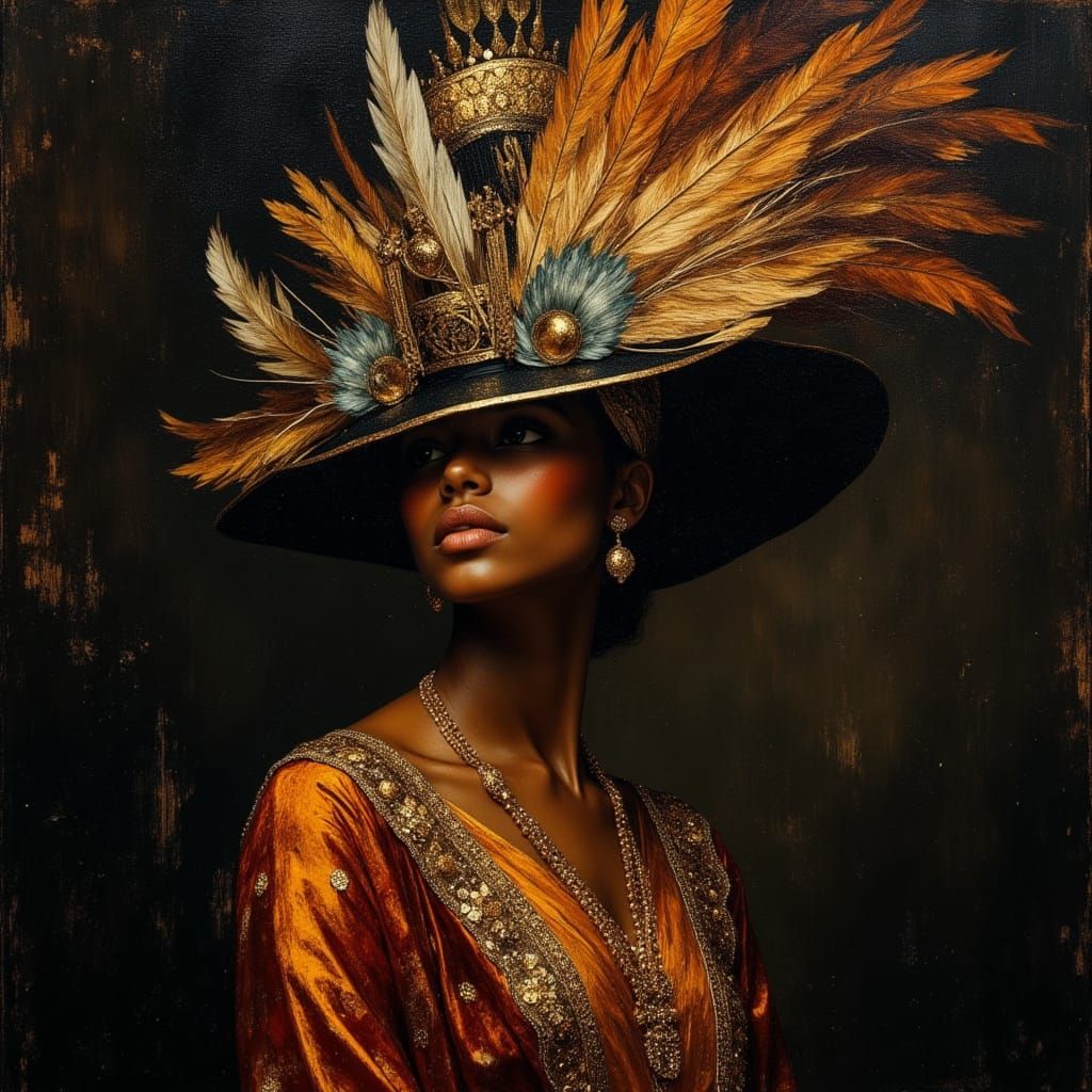 Baroque African Queen in Feathered Hat