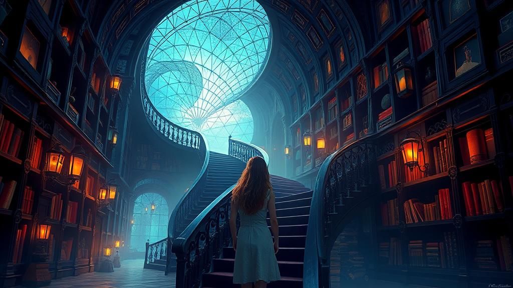 Mystical Library With Gleaming Staircase, Surreal Art