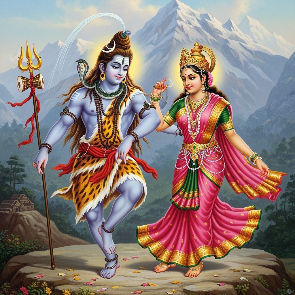 Shiva and Parvati Dance in Raja Ravi Varma Style