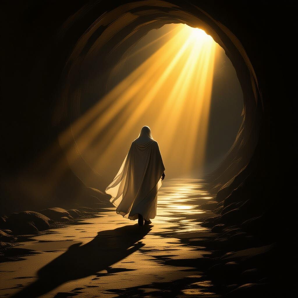 Figure Escapes Darkness Towards Golden Light in Caravaggio S...