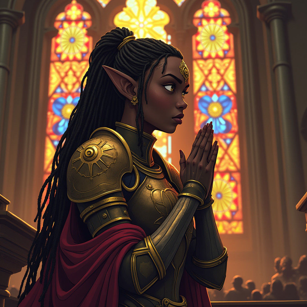 Elf Cleric Praying in Sunlit Church, Manga Style