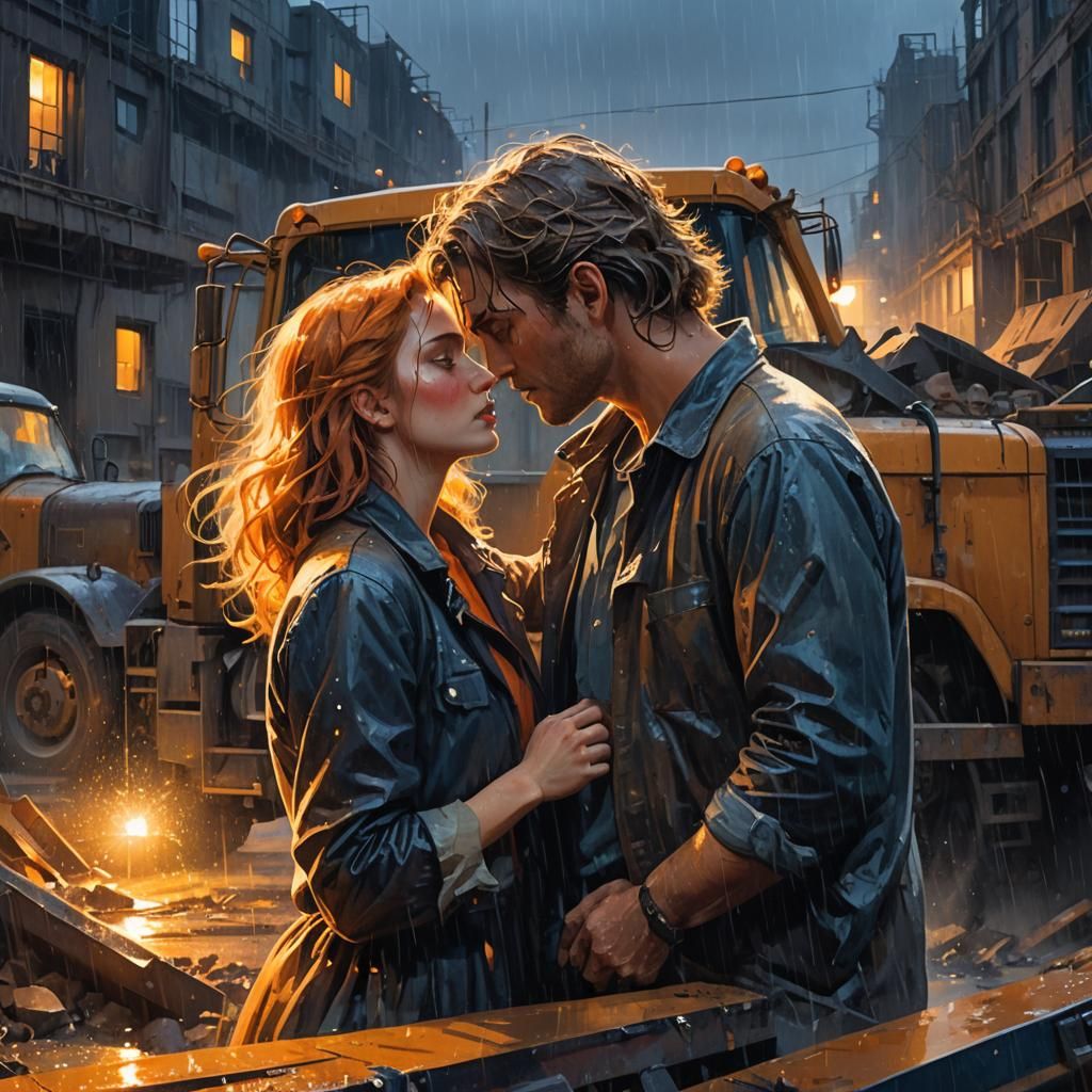 Romantic Kiss in Rainy Construction Site