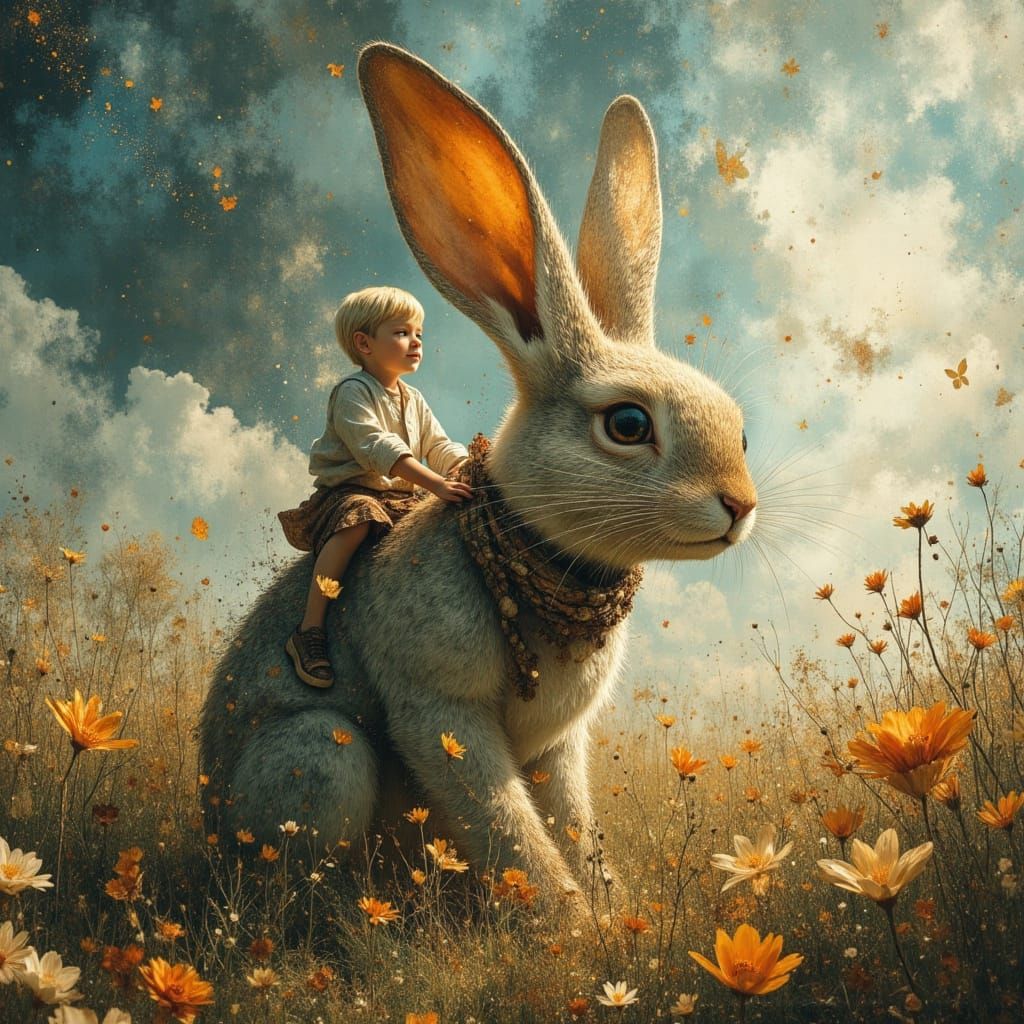 Giant Celestial Bunny With Boy in Nebulae Sky