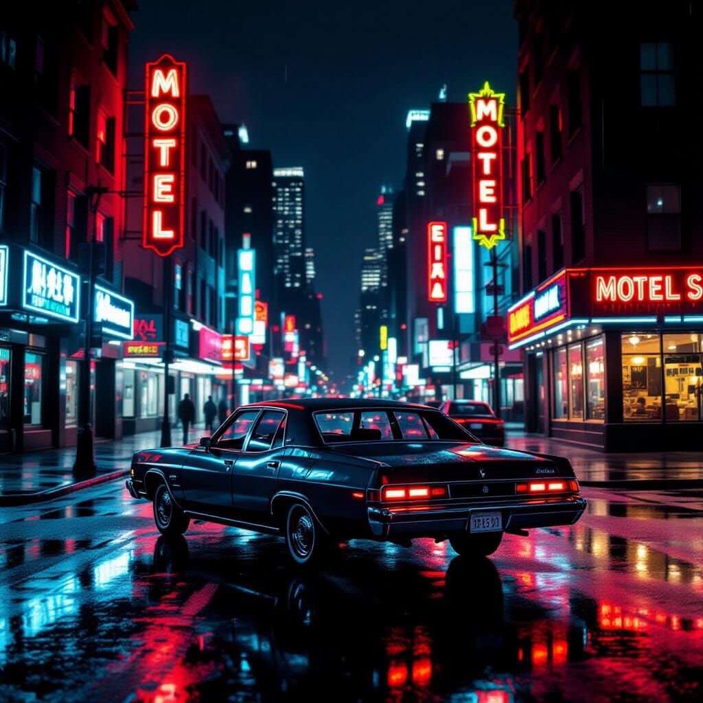 1970s Manhattan Night Drive in Neon Rain