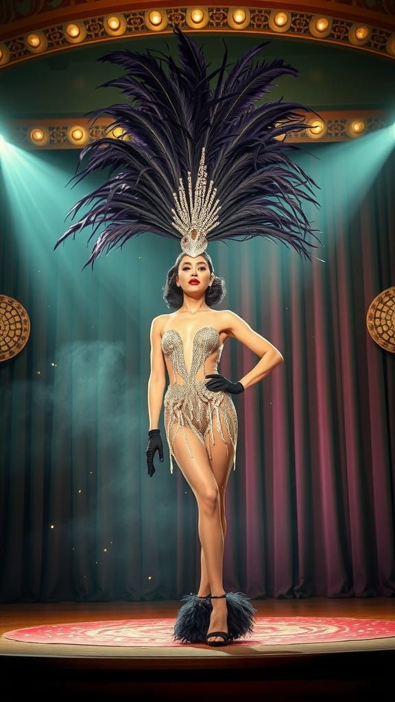 Glamorous Showgirl in Feathered Headdress, Vintage Fashion P...