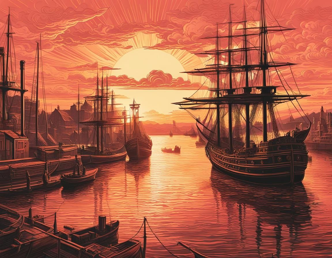 Vintage Harbor at Sunset: Embossed Maritime Illustration