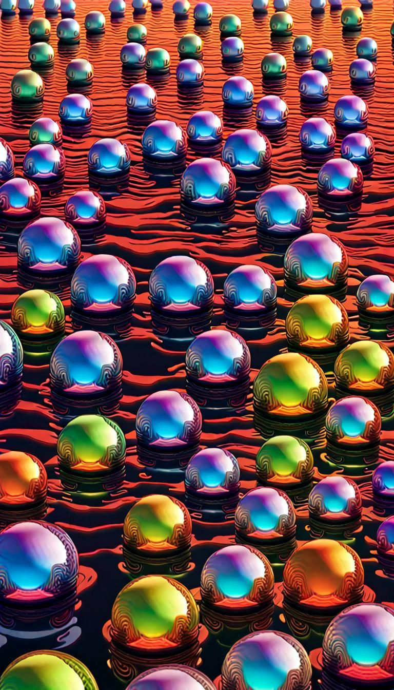 Iridescent Spheres Floating Over Neon Sea in Psychedelic 3D