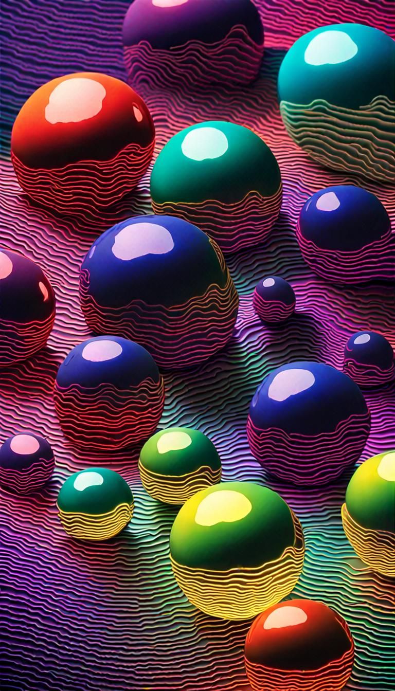 Iridescent Spheres Over Neon Sea in Psychedelic 3D