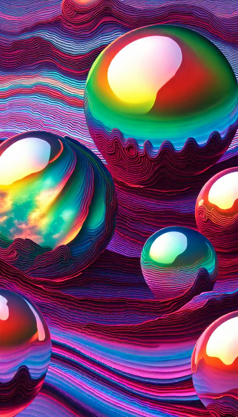 Iridescent Spheres Over Neon Sea: 3D Psychedelic Art