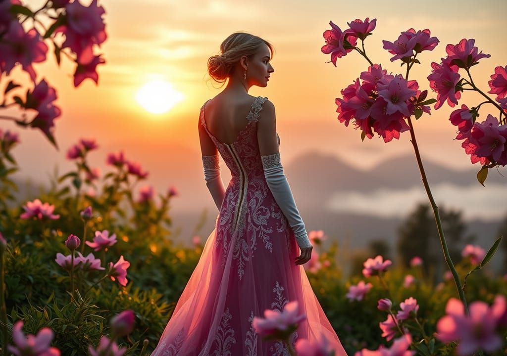 Woman in Pink Lace Gown at Sunrise