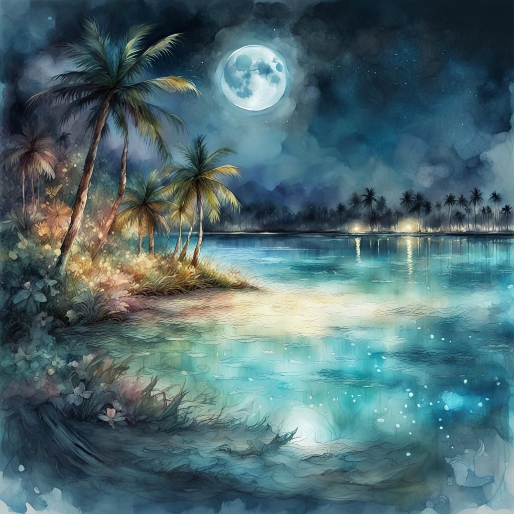 Polynesian atoll on sparkling moonlit waters.