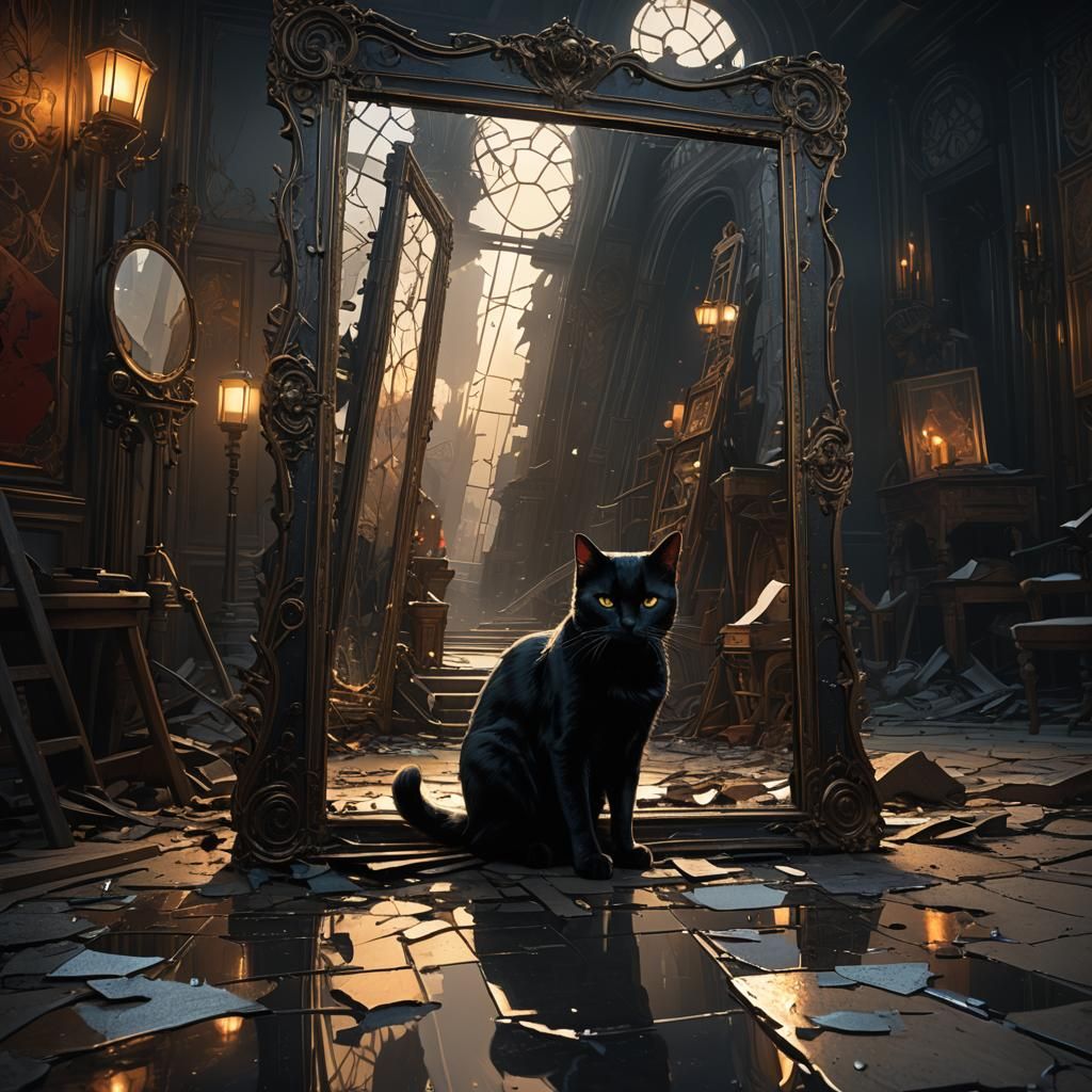 Black Cat and Broken Mirror in Dark Fantasy Style