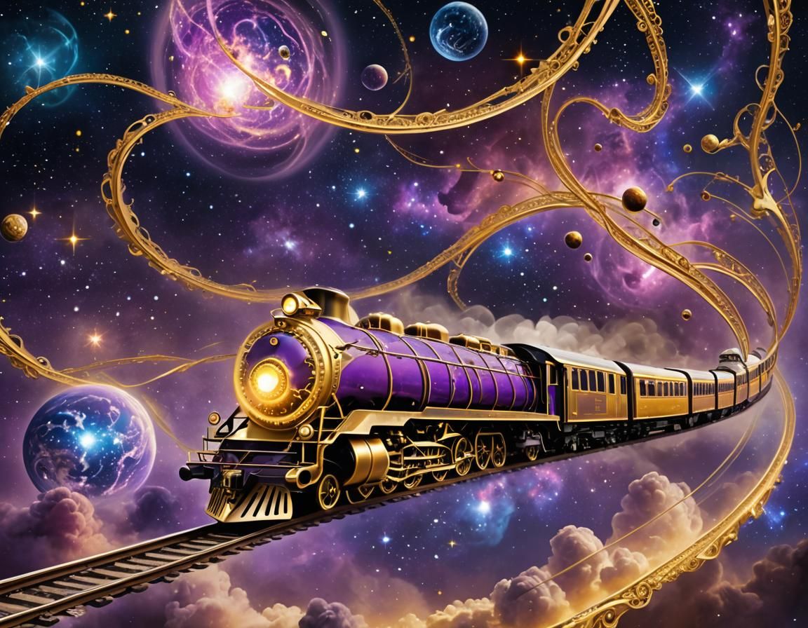 Cosmic Train Floating in Space with Golden Curves