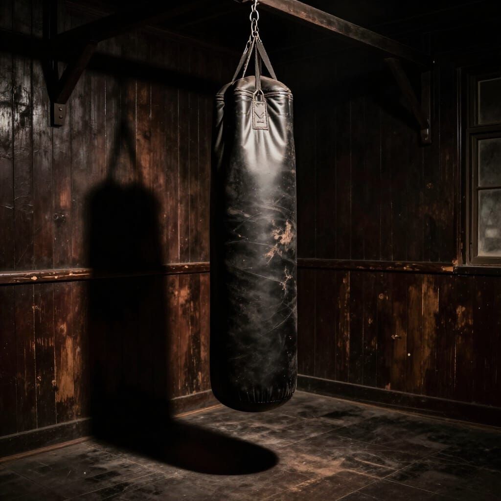 Dark Boxing Gym with Spotlight on Punching Bag