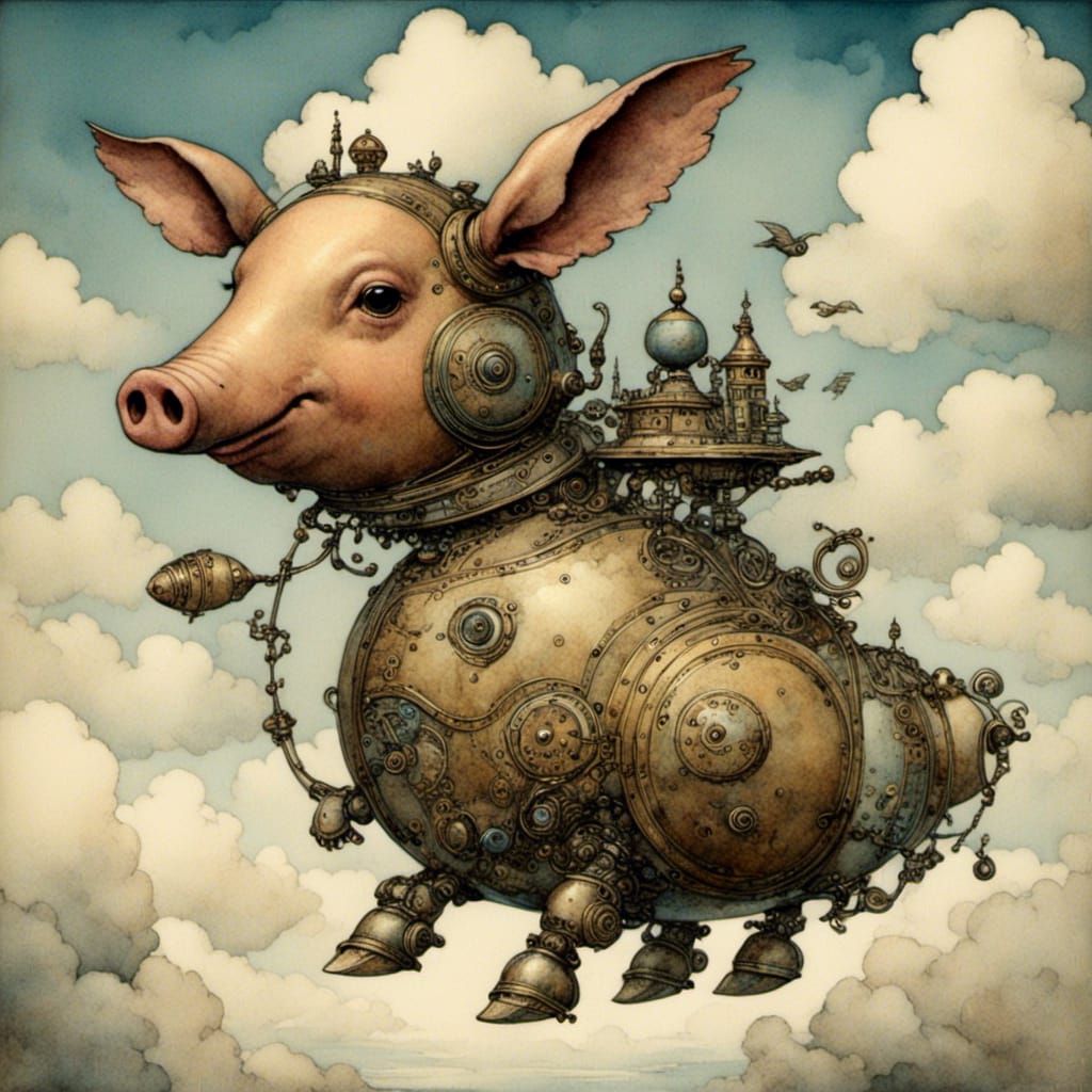 Adorable Robot Pig Flying in the Clouds