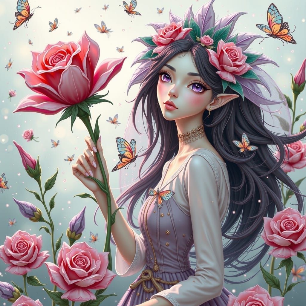 Rose Fairy in Alphonse Mucha Watercolor Style