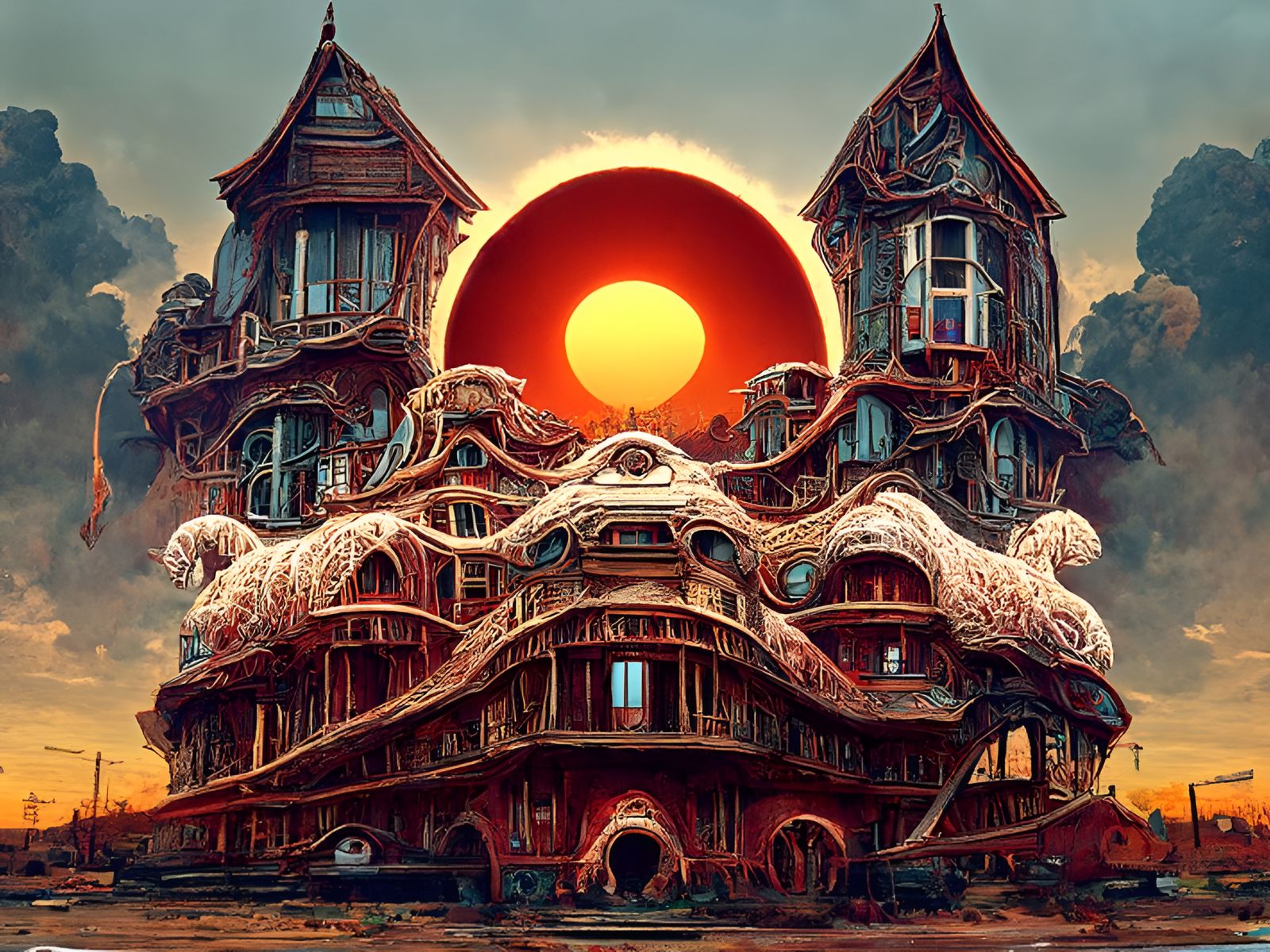 Surreal House Rising with Sun: Detailed Biopunk Architecture