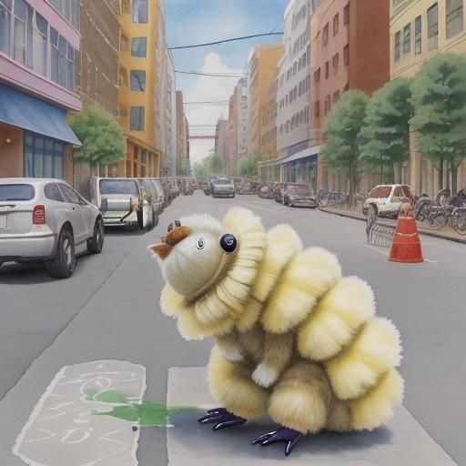 Adorable Caterpillar in City, Children's Watercolor Illustra...