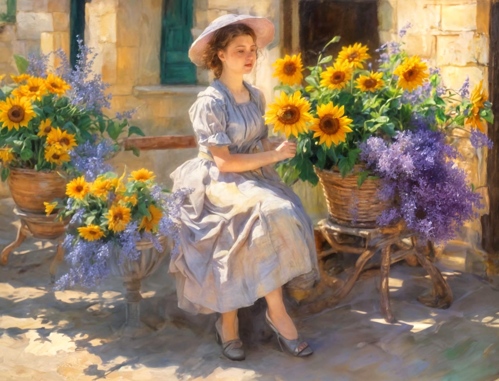 Sunlit Provence Market Scene with Woman in Pastel