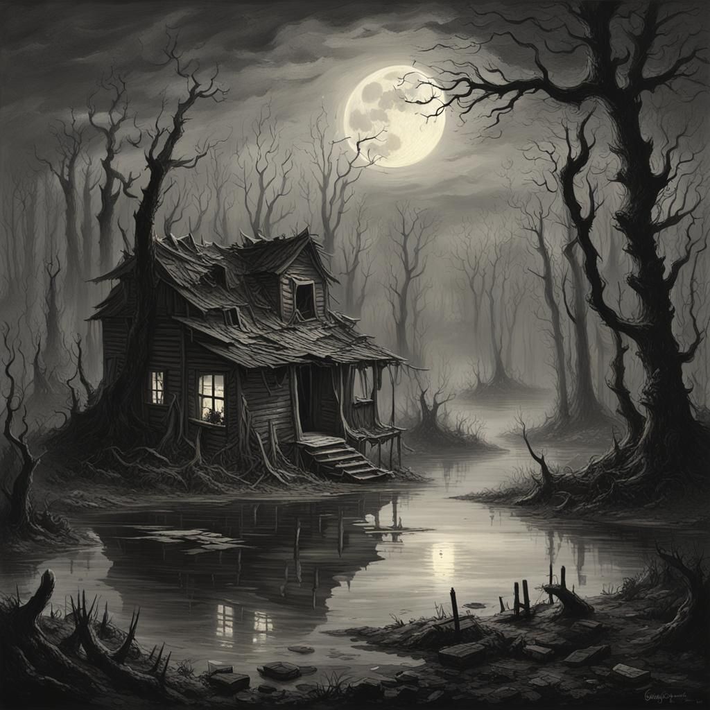 Ghostly Cabin in Swamp at Night