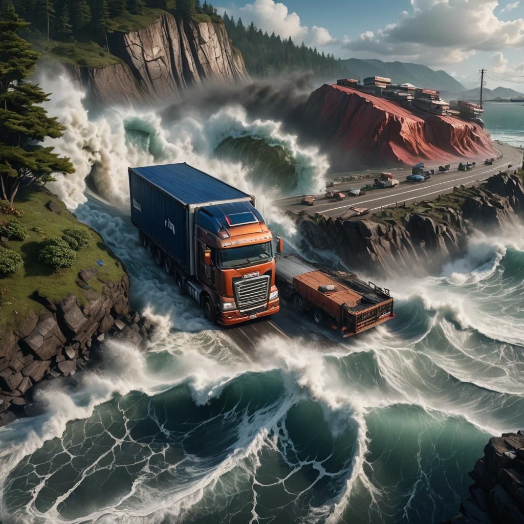 Semi Truck Confronts Tsunami in Detailed Matte Painting
