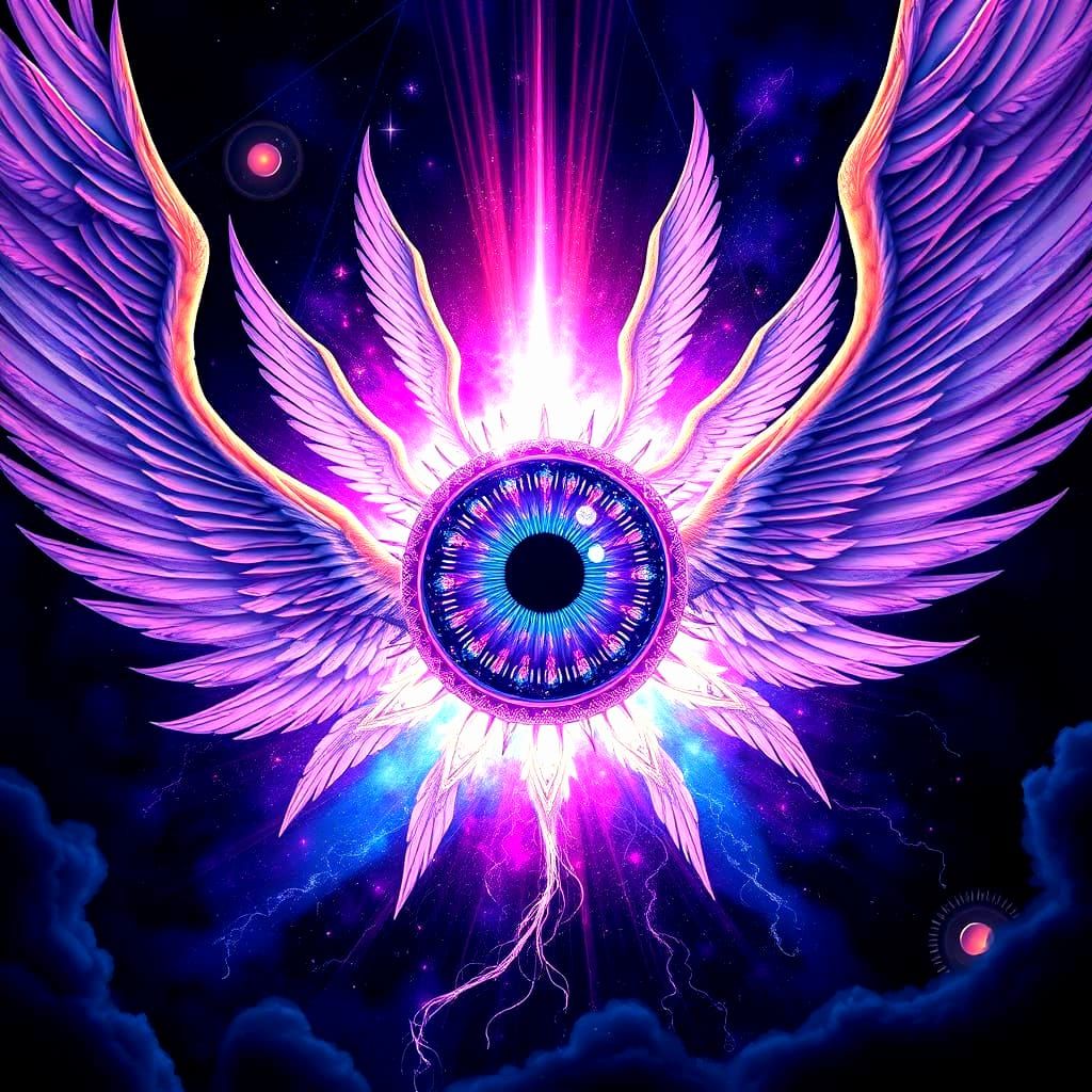 Cosmic Eye with Angel Wings in Surreal Style