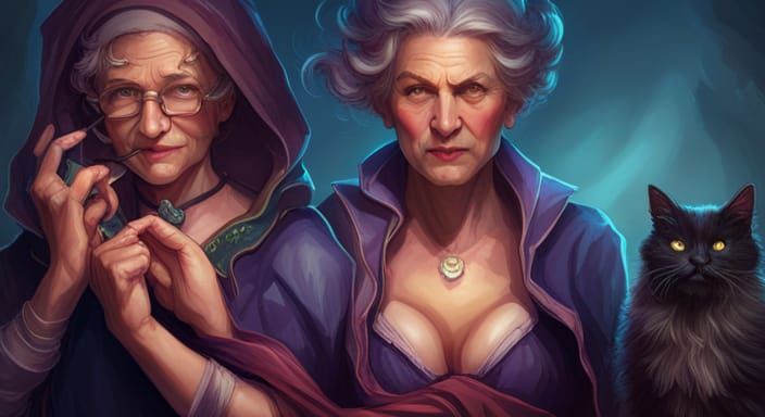 Joyful Witch Dances with Cat in Art Nouveau Style