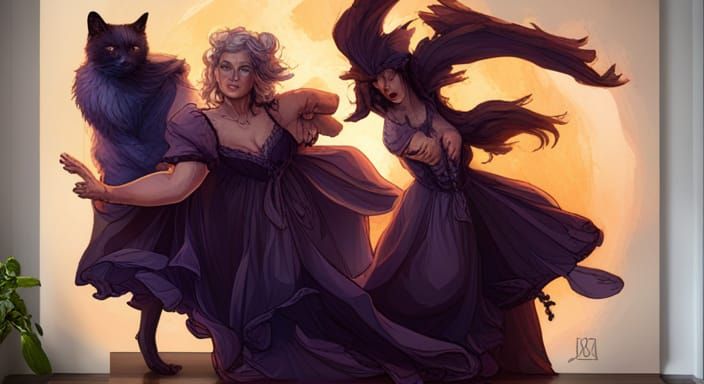 Merry Witch Dancing with Black Cat, Hyperdetailed Art