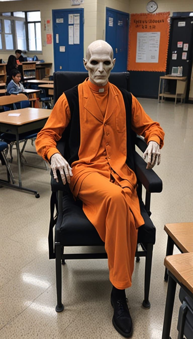 Voldemort Sits in School Chair in Vibrant Orange