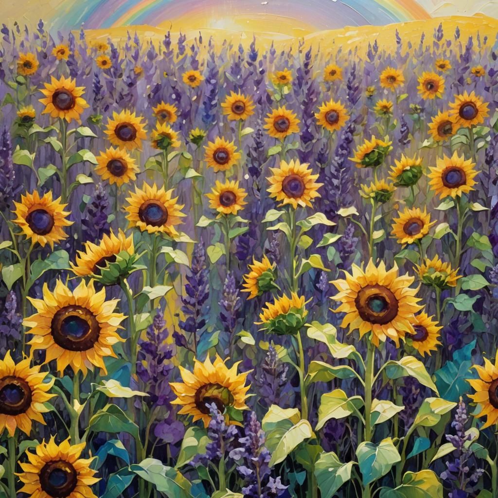 Iridescent Sunflowers and Lavender in Expressionist Landscap...