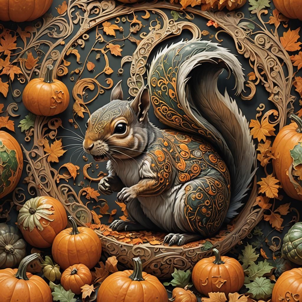 Spooky Gourd Concept Art with Baby Squirrel
